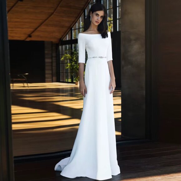 NWOT Simple Wedding Dress Minimalist Boat Neck Bridal Gown with Sweep Train - Picture 1 of 2